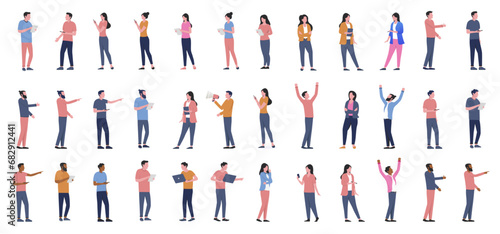 Vector office people collection - Set of businesspeople men and women with different ethnicities standing with computers, working and talking. Flat design characters on white background