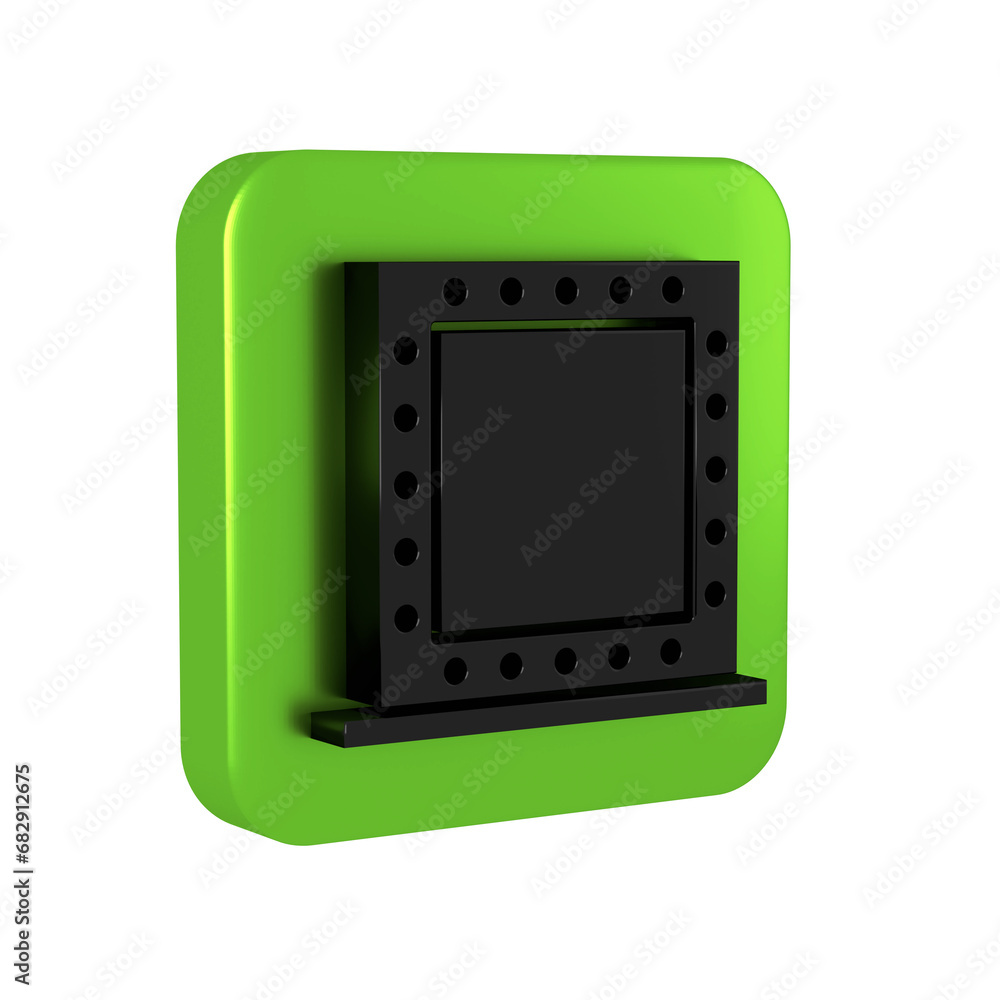 Black Makeup mirror with lights icon isolated on transparent background. Green square button.