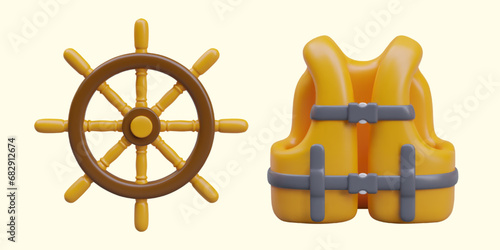 Steering wheel to control ship and yellow life vest. Sea and ocean symbols. Concept of safe swimming. Vector illustration in 3d style on yellow background