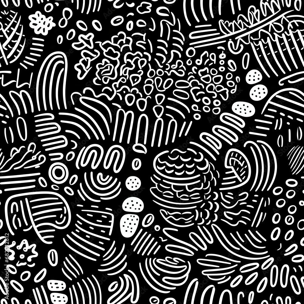 white doodle line with hand drawn symbols on black background seamless pattern white doodle line with hand drawn symbols on black background seamless pattern