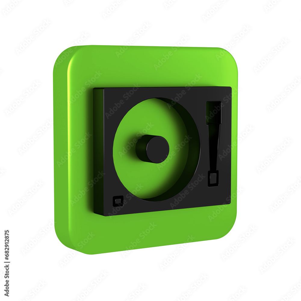 Black Vinyl player with a vinyl disk icon isolated on transparent background. Green square button. Black Vinyl player with a vinyl disk icon isolated on transparent background. Green square button.