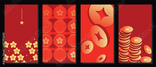 Happy Chinese New Year cover background vector. Year of the dragon design with chinese lantern, cherry blossom flower, coin 3d. Elegant oriental illustration for cover, banner, website, calendar.