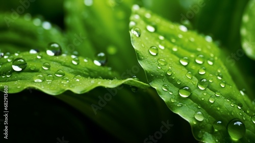 Water droplets on a furled plant in macro view