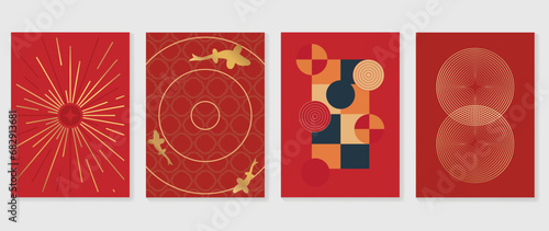 Happy Chinese New Year cover background vector. Year of the dragon design with fish, firework, chinese pattern, geometric shape. Elegant oriental illustration for cover, banner, website, calendar.