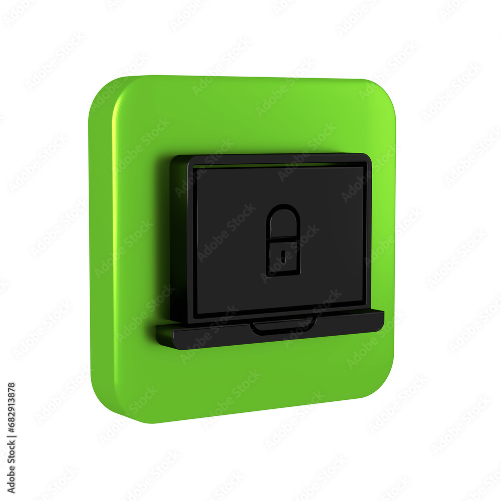 Black Laptop and lock icon isolated on transparent background. Computer and padlock. Security, safety, protection concept. Safe internetwork. Green square button. Black Laptop and lock icon isolated on transparent background. Computer and padlock. Security, safety, protection concept. Safe internetwork. Green square button.