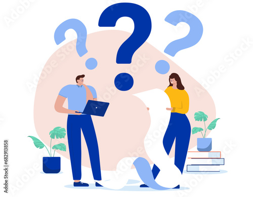 Businesspeople with question - Man and woman in office reading document, thinking and wondering trying to solve problem. Flat design vector illustration with white background