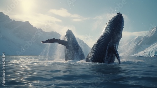 Whales swimming in Greenland and spouting water from their blowhole photo