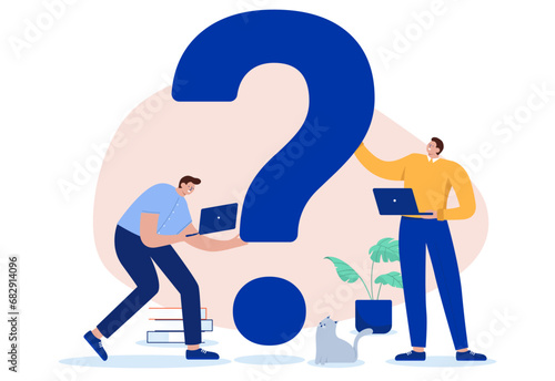 Business unanswered question - Two businesspeople with computer laptops working and looking at big question mark. Flat design vector illustration with white background