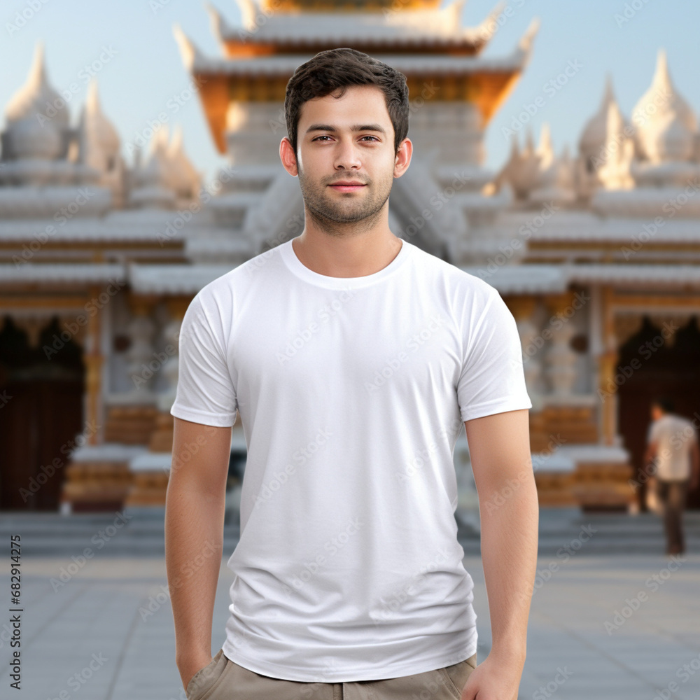 professional mockup photo of a male age 24-old age, wearing a plain white t shirt with the front of the shirt visible to the camera, full body professional mockup photo of a male age 24-old age, wearing a plain white t shirt with the front of the shirt visible to the camera, full body