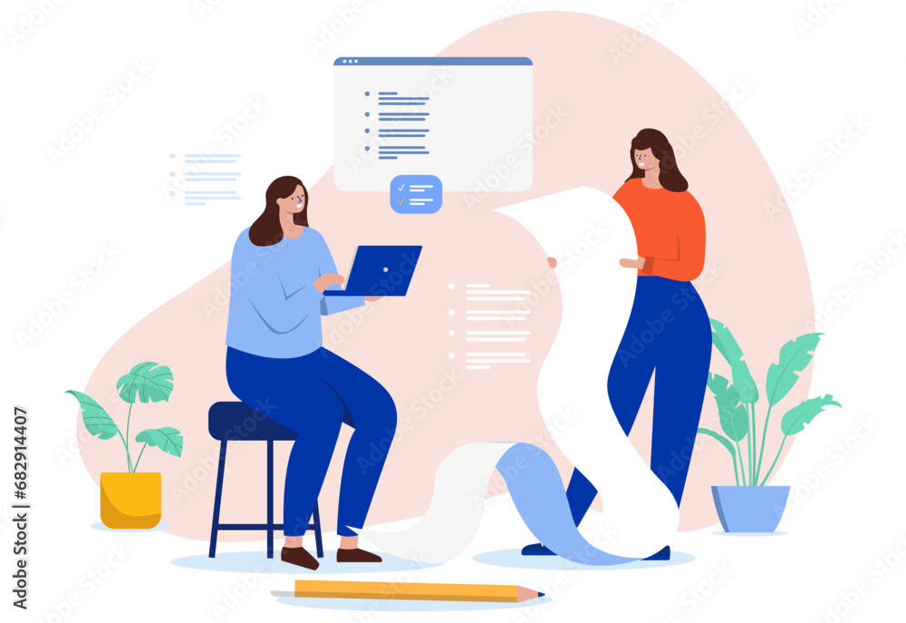 People working with business documents, list and bullet points. Two businesspeople doing text work and reading notes. Flat design vector illustration with white background People working with business documents, list and bullet points. Two businesspeople doing text work and reading notes. Flat design vector illustration with white background