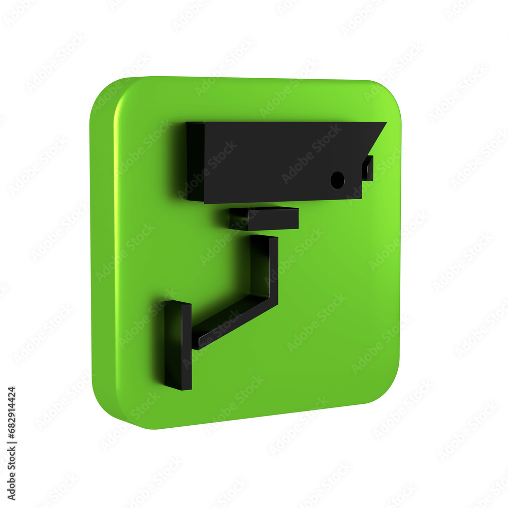 Black Security camera icon isolated on transparent background. Green square button. Black Security camera icon isolated on transparent background. Green square button.