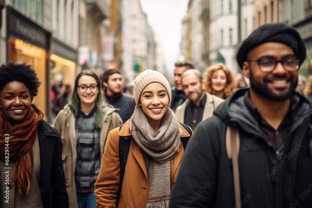Smiling young people of different nationalities walk down the street Smiling young people of different nationalities walk down the street