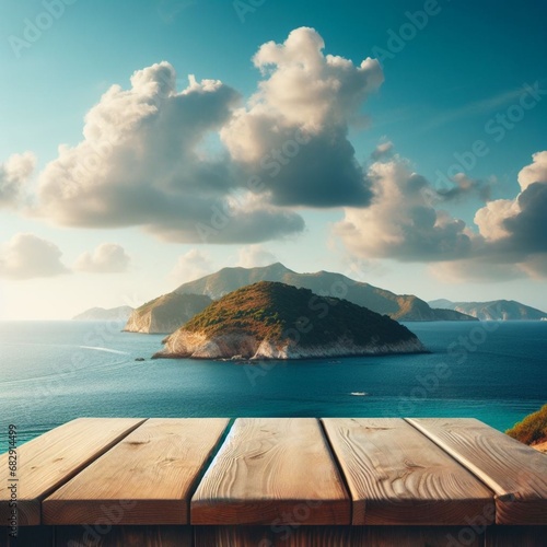 Empty wooden floor for product display montages with sea and mountain background. High quality photo