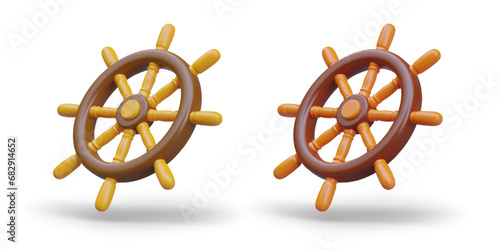 Classic wooden round ship helm. Device for controlling course of vessel. Pirate boat wheel. Steering symbol. Set of isolated vector illustrations. Ocean theme design