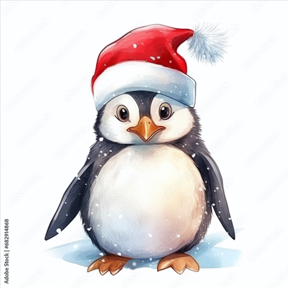 Naklejka premium Illustration of Watercolor christmas penguin in white background. Christmas animal. Cute baby Pinguin with christmas hat. Print, card, poster