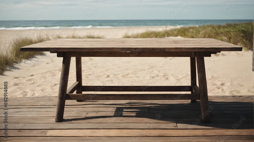 beautiful empty rustic wooden table on a day at the beach beautiful empty rustic wooden table on a day at the beach