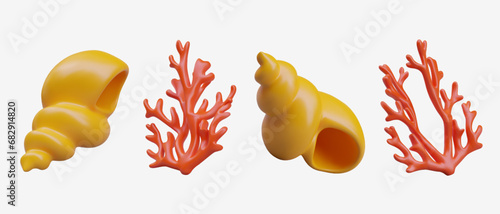 Composition with yellow twisted shell and red coral in different positions. Decorative sea attributes. Vector illustration in 3d style on white background photo