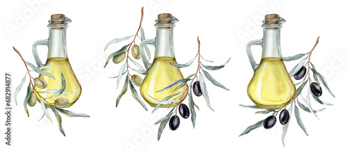 Olive oil in glass bottle. Hand drawn illustration isolated background. Natural fresh organic yellow vegetable oil in jar realistic watercolor image. Pure vegan seasoning. For design