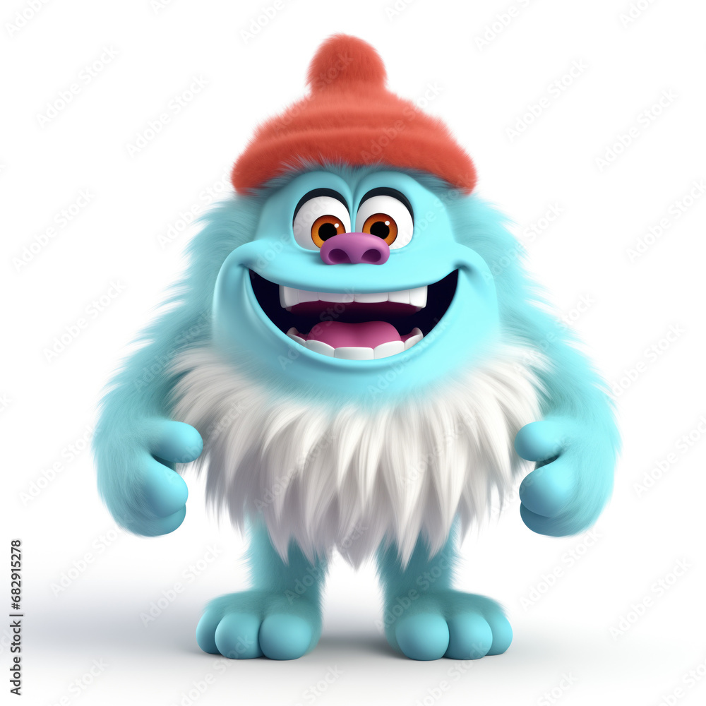 Obraz premium 3D character of colorful fluffy yeti in knitted winter hat