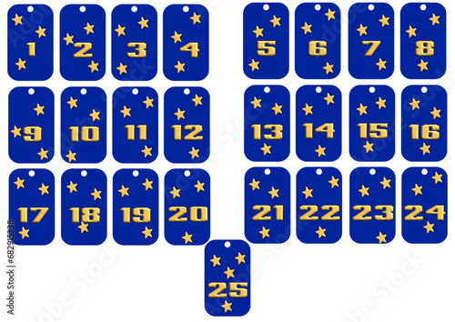 25 Christmas advent calendar labels - blue colour, size 3x5 mm decorated with three-dimensional yellow stars in relief, golden tubular numbers, ready to print on A4 sheet.
