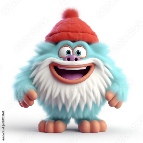 3D character of colorful fluffy yeti in knitted winter hat