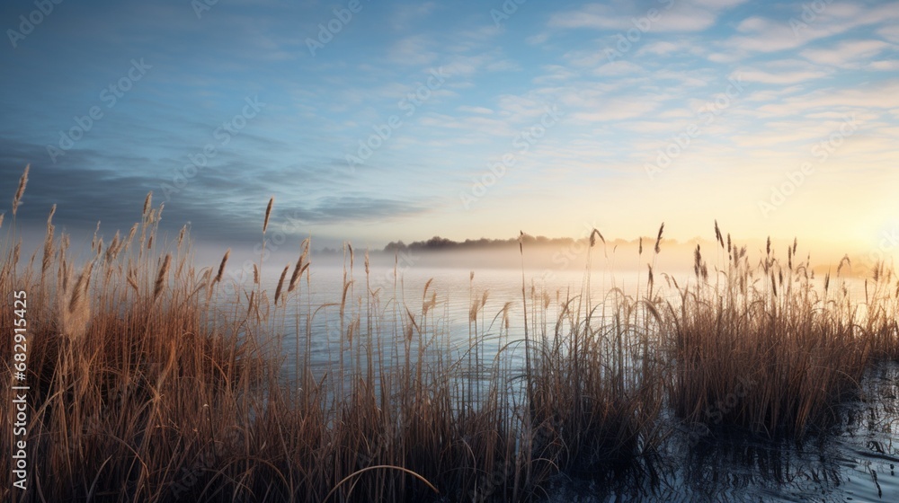 At daybreak in January, reeds line the edge of a misty lake beneath a bright blue sky - obrazy, fototapety, plakaty 