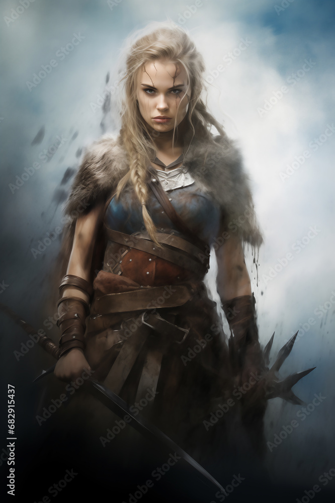 Portrait of beautiful blonde warrior girl in style of combat fantasy. Pencil and watercolor drawing. Portrait of beautiful blonde warrior girl in style of combat fantasy. Pencil and watercolor drawing.