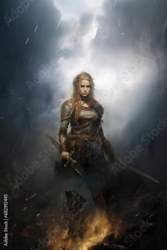 Portrait of beautiful blonde warrior girl with sword in style of combat fantasy