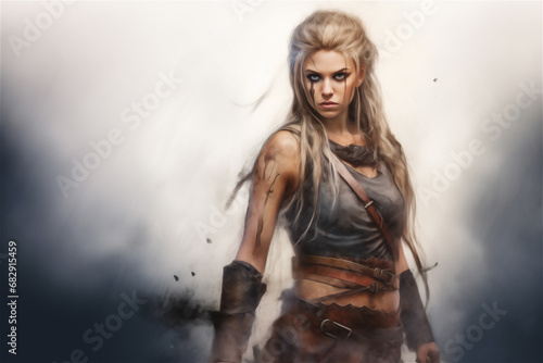 Portrait of beautiful blonde warrior girl in style of combat fantasy. Pencil and watercolor drawing.​