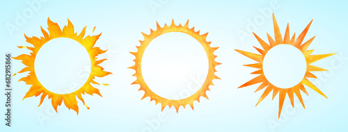 Watercolor vector sun crown shapes illustrations set. Fire colors round solar frames, watercolour stains, stylized rays. Orange red yellow circle, flaming ring. Maslenitsa background, template. photo