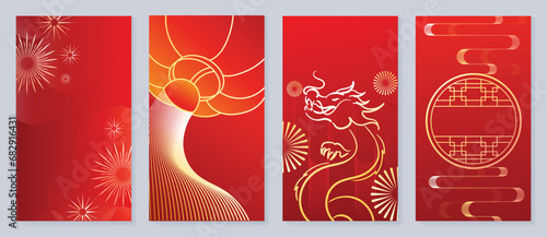 Happy Chinese New Year cover background vector. Year of the dragon design with chinese lantern, dragon, firework, coin, pattern. Elegant oriental illustration for cover, banner, website, calendar.