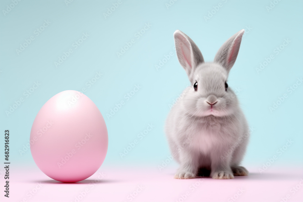 Fototapeta premium The portrait of a cute little gray rabbit next to a pink easter egg on a blue background