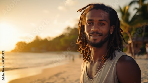 Closeup portrait photo of a gorgeous young Jamaican man, posing on a tropical beach at sunset