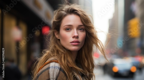 Closeup portrait photo of a young dutch woman, looking into distance, in downtown new york city