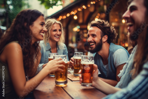 Young girls and boys of different nationalities drink beer in company and communicate photo