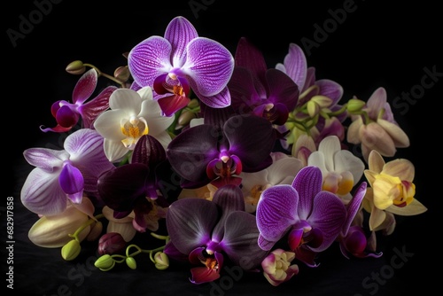 A cluster of exotic orchids in various shades of purple