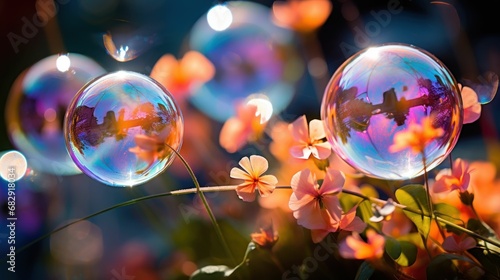 photo, macro capture, soap bubbles reflecting the world around them, ephemeral beauty, refracted light