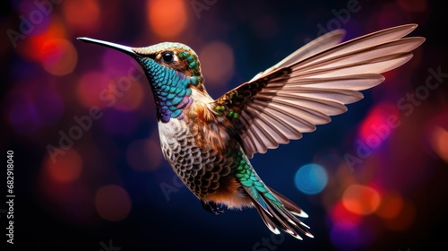 photo, macro capture, exquisite details of a hummingbird in flight, frozen motion, iridescent feathers © Royal Ability