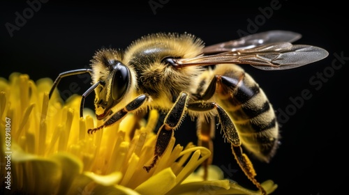 photo, macro image, delicate pollen on a bee body, mid-flight action, interaction with nature © Royal Ability