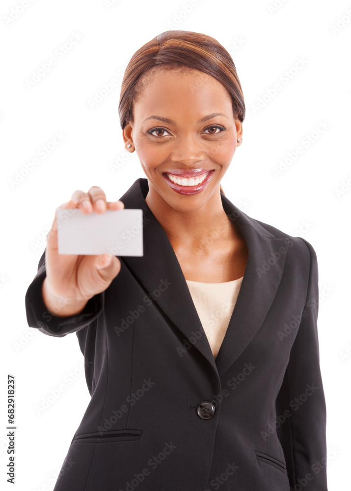 Business card, mockup and woman in portrait with design space, HR offer or career advertising in studio. Professional african worker with presentation or contact information on a white background Business card, mockup and woman in portrait with design space, HR offer or career advertising in studio. Professional african worker with presentation or contact information on a white background