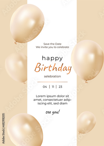Elegant beige realistic balloons Happy Birthday celebration card banner template. Festive card for birthday party, anniversary or other events. Celebration, congratulations, invitation concept