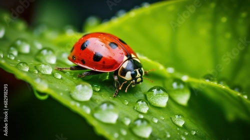 photo, macro shot, close-up of a ladybug crawling on a leaf, vivid red against lush greenery, moments in nature