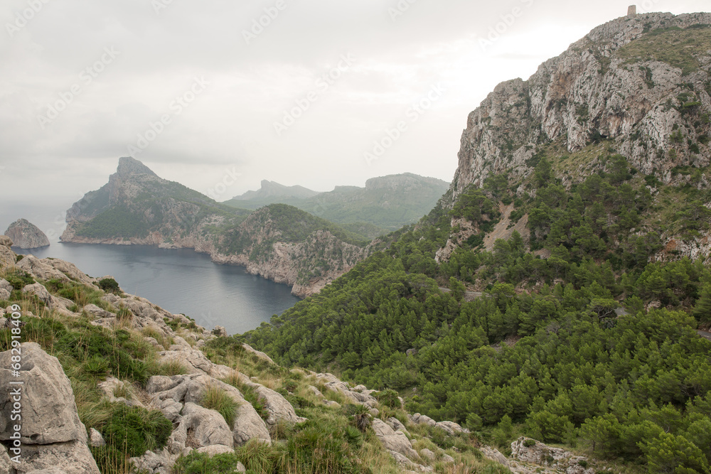 Stunning views of cliffs, mountains, beach and sea from Mallorca island in Spain