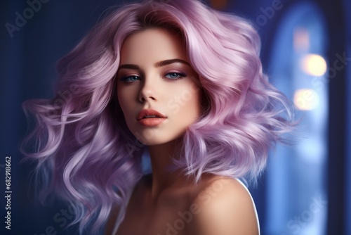 A Vibrant Portrait of a Woman with Striking Purple Hair, Exuding Confidence and Style. A woman with purple hair is posing for a picture © AI Visual Vault