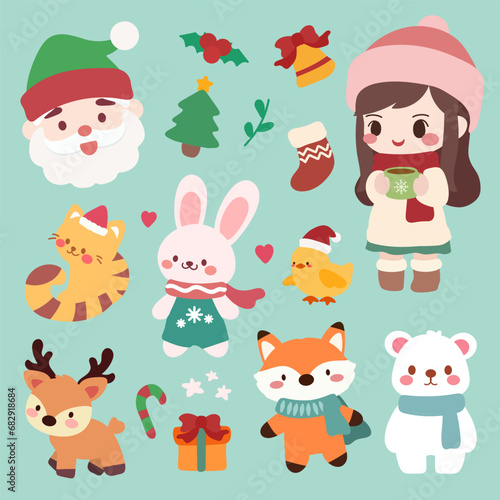 Cute Christmas Design Element Vector Illustration Set.Christmas set with colorful elements  Santa  deer  girl  cat  gifts  bear  bunny  fox  duck  vector illustration in flat cartoon style.