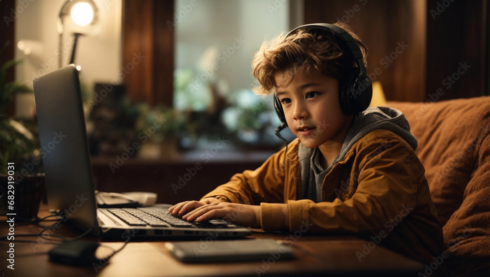 young  boy enjoying and playing computer game at home - obrazy, fototapety, plakaty 