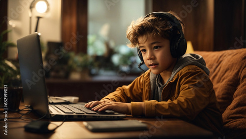 young  boy enjoying and playing computer game at home photo