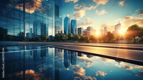 office building or business center. High-rise window buildings made of glass reflect the clouds and the sunlight. empty street outside  wall modernity civilization. growing up business photo