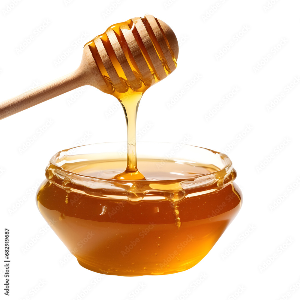Honey jars, cups and dippers isolated on white background Honey jars, cups and dippers isolated on white background