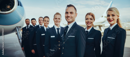 Young and diverse group of flight cabin crew members and  attendants.